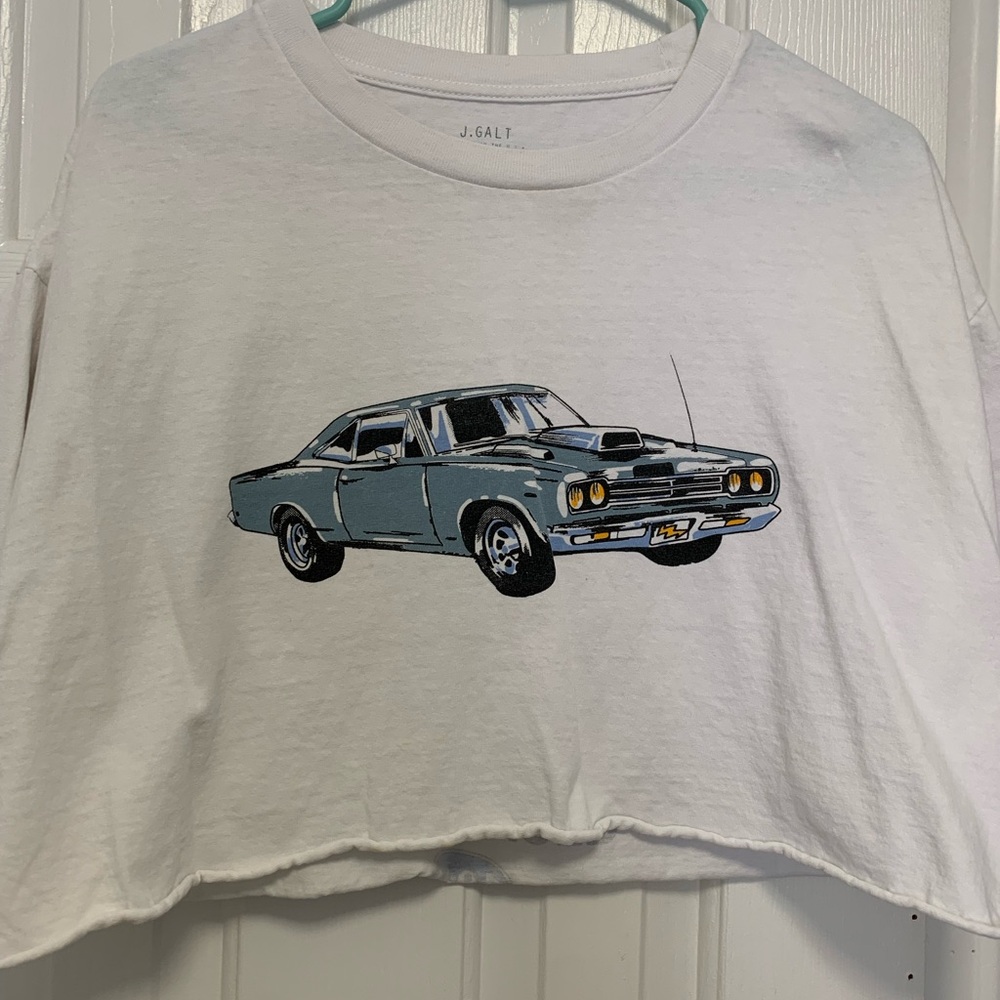 J. Galt White Crop Top with Vintage Car Print